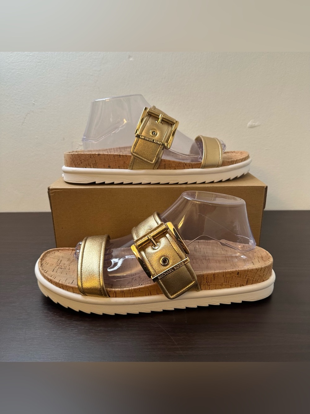 Michael Kors Colby Gold Leather Slide Sandals Buckle Cork Footbed Women's 11
